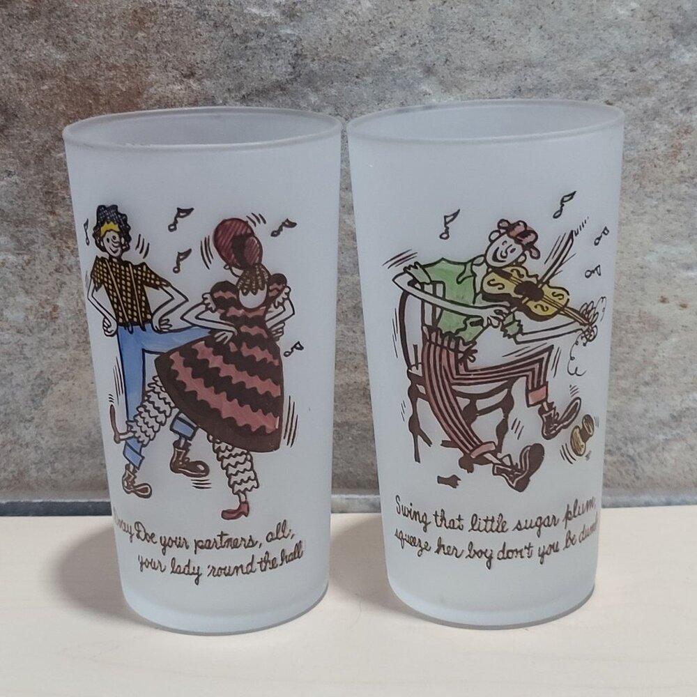 Vintage Square Dance Highball Federal Frosted Glass Tumblers Set of 2